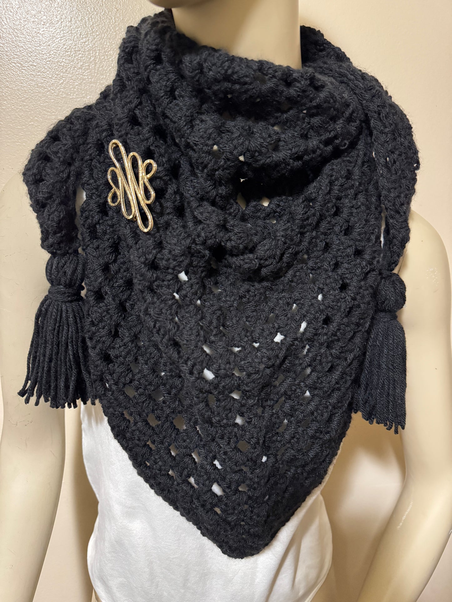 Black versatile triangle scarf w/ vintage brooch