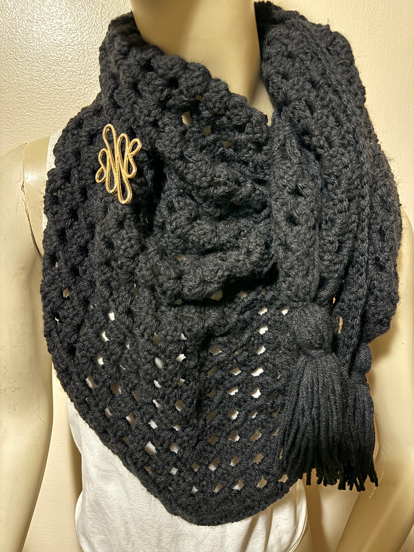Black versatile triangle scarf w/ vintage brooch