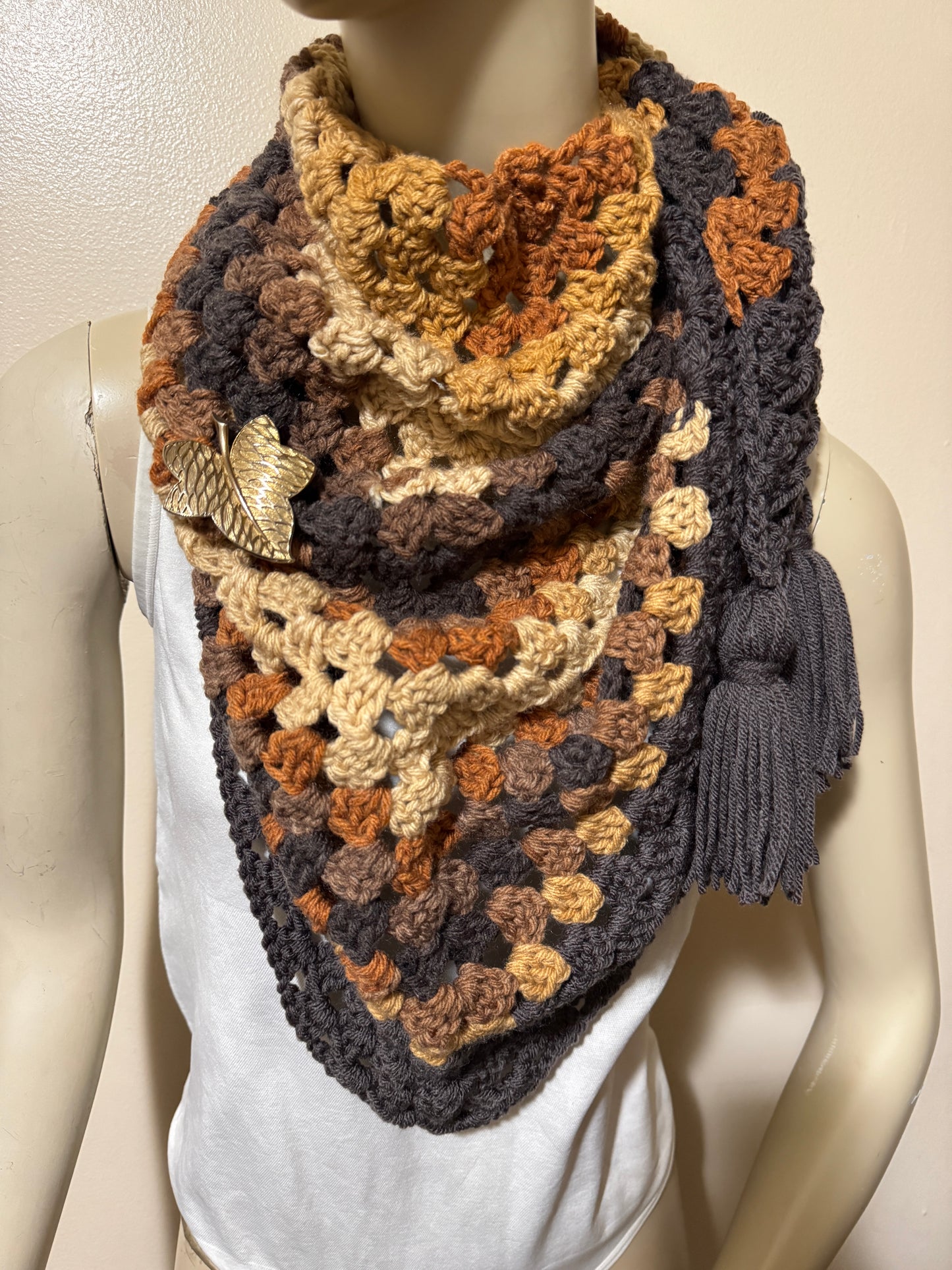 Multi Brown versatile triangle scarf w/vintage brooch