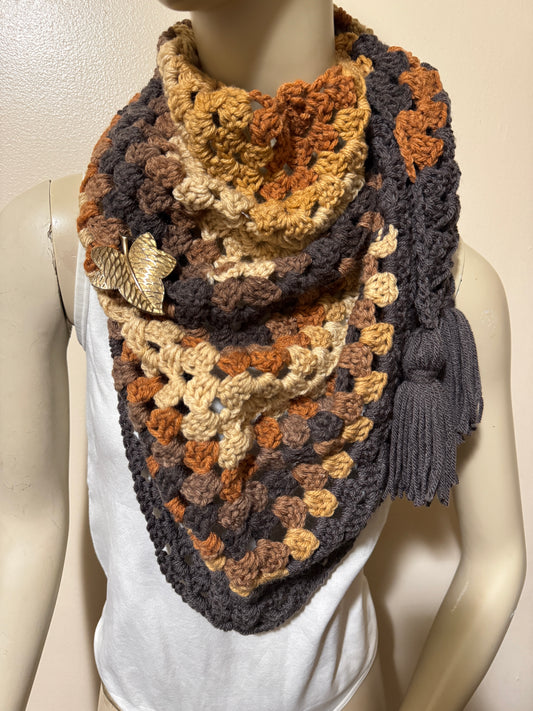 Multi Brown versatile triangle scarf w/vintage brooch