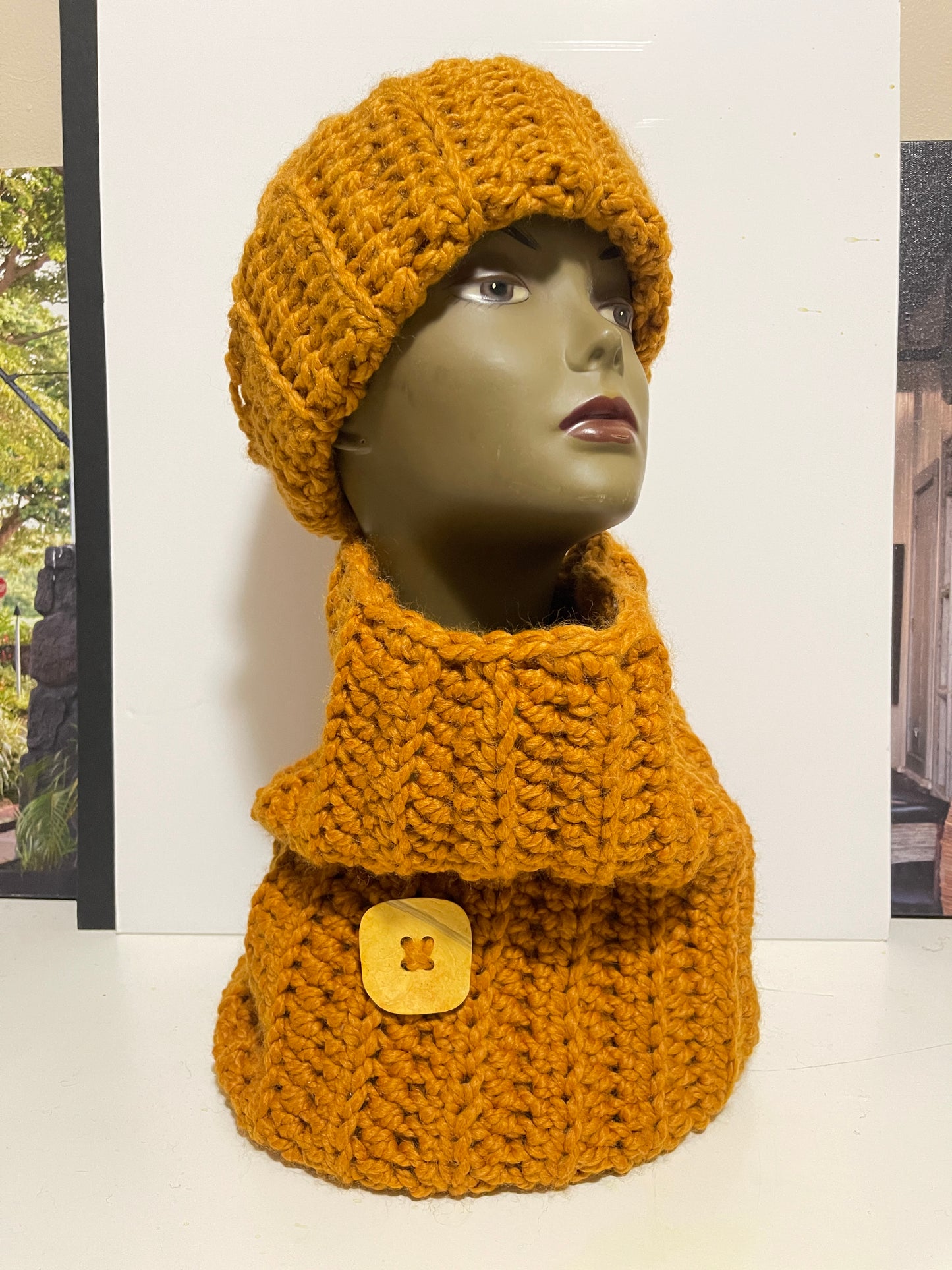 Gold Crochet hat/ Neck wrap set