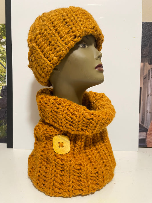 Gold Crochet hat/ Neck wrap set